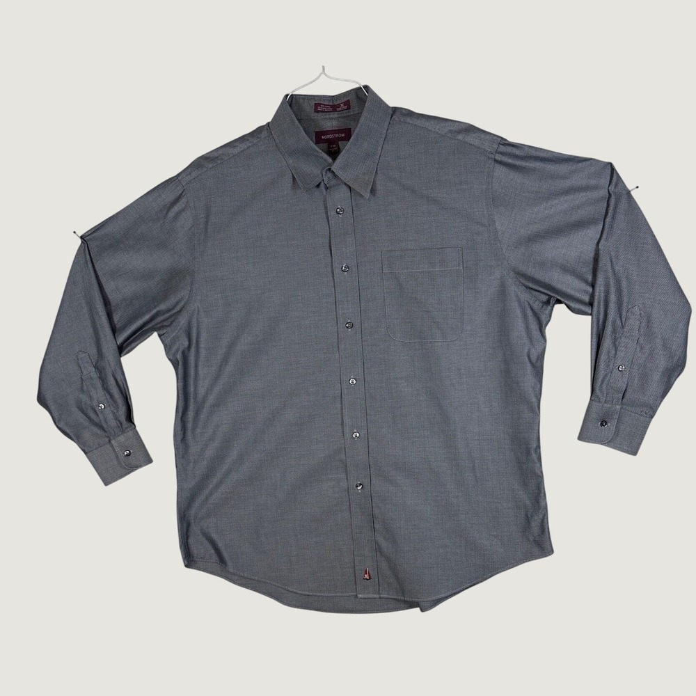 Nordstrom Smartcare Grey Herringbone Dress Shirt Tailored Fit 17-33 Cotton Blend